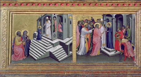 Madonna mit Kind und Heiligen, Detail der Predella, die die Darstellung im Tempel und die Heirat der Jungfrau darstellt (Detail)